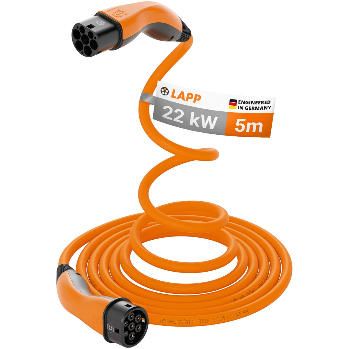Lapp MOBILITY Helix Typ 2 Ladekabel 22 KW / 5m / Selbstaufrollend / 32 A / 3-Phasig / E-Auto Ladekabel/ Mode 3 / m Orange