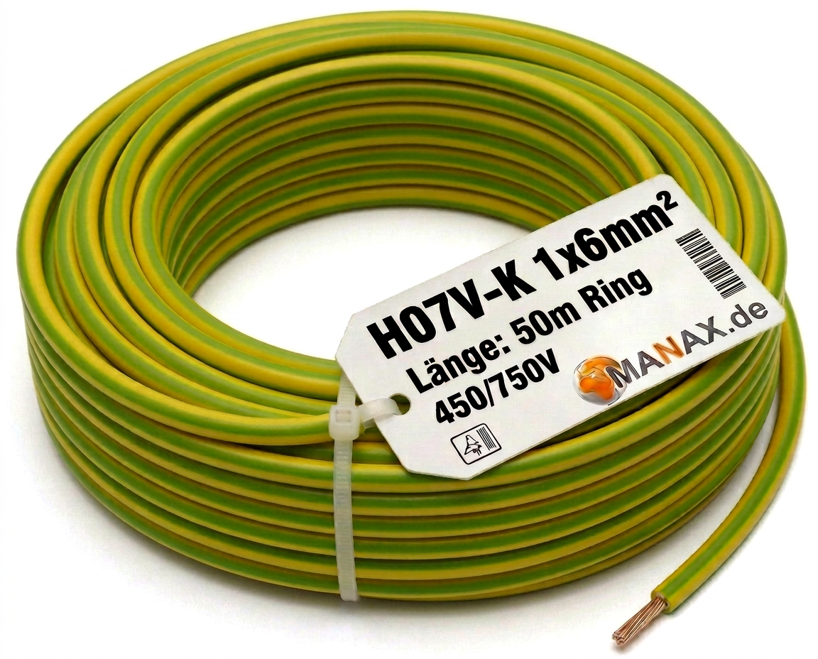50m 6mm2 Erdungskabel H07V-K 1x6mm² Aderleitung flexibel Kupfer Litze Einzelader für PV Anlagen Solar Energieleitung Verdrahtungsleitung PVC Erdungsleitung feindrahtig grün-gelb