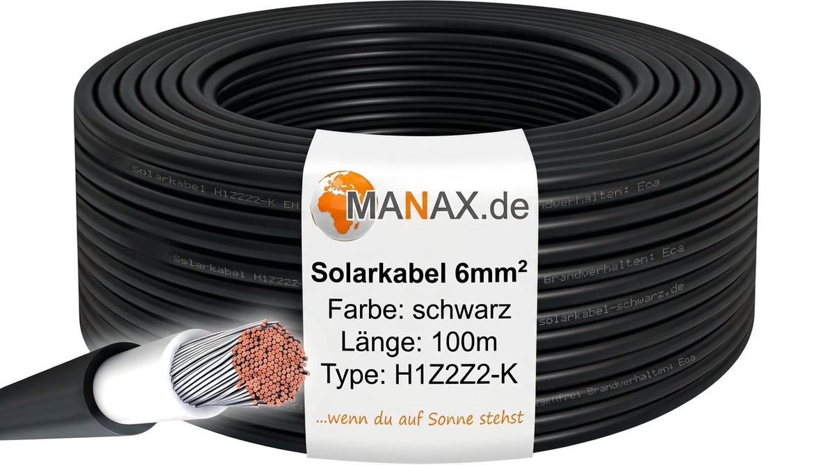100m Solarkabel 6mm² Schwarz - UV-beständig, flexibel, Photovoltaik Kabel, PV Kabel, Solar Anschlusskabel für Solarpanel, Wechselrichter & Laderegler - langlebig