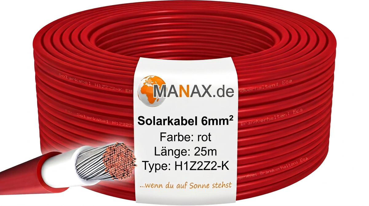 25m Solarkabel 6mm² H1Z2Z2-K Rot - UV-beständig, flexibel, Photovoltaik Kabel, PV Kabel, Solar Anschlusskabel für Solarpanel, Wechselrichter & Laderegler - langlebig