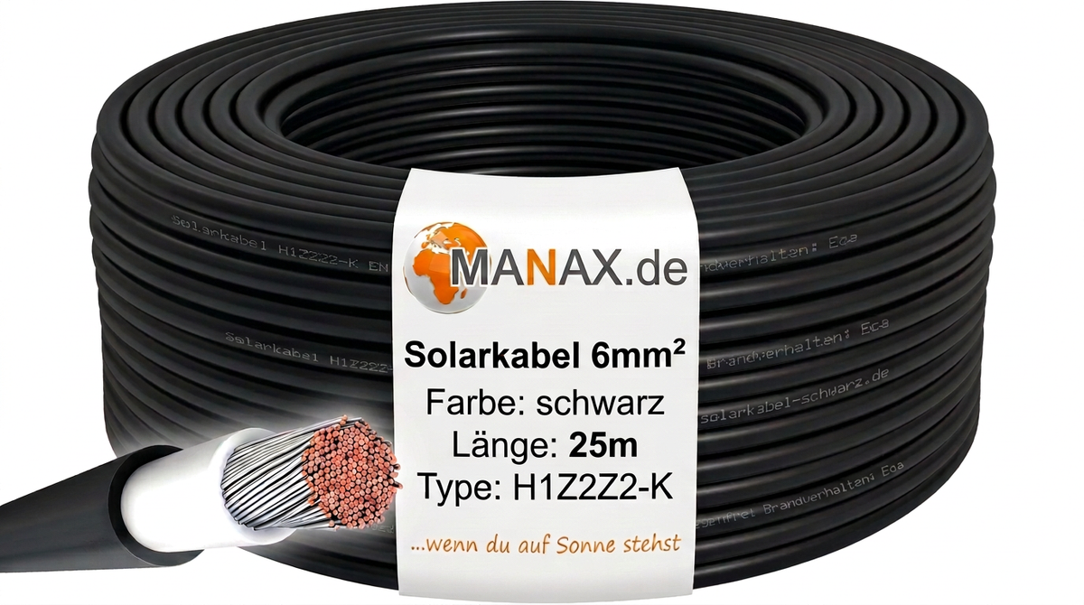 25m Solarkabel 6mm² H1Z2Z2-K Schwarz - UV-beständig, flexibel, Photovoltaik Kabel, PV Kabel, Solar Anschlusskabel für Solarpanel, Wechselrichter & Laderegler - langlebig