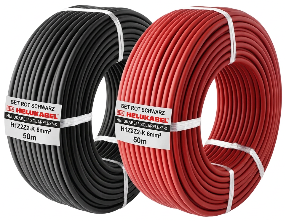 2x 50m Solarkabel 6mm² H1Z2Z2-K rot + schwarz - UV-beständig, halogenfrei, flexibel, Photovoltaik Kabel, PV Kabel für Solarpanel, Wechselrichter & Laderegler