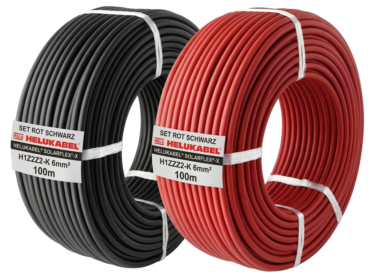2er Pack rot + schwarz Solarkabel 6mm² - je 100m - UV-beständig, halogenfrei, flexibel, Photovoltaik Kabel, PV Kabel für Solarpanel, Wechselrichter & Laderegler