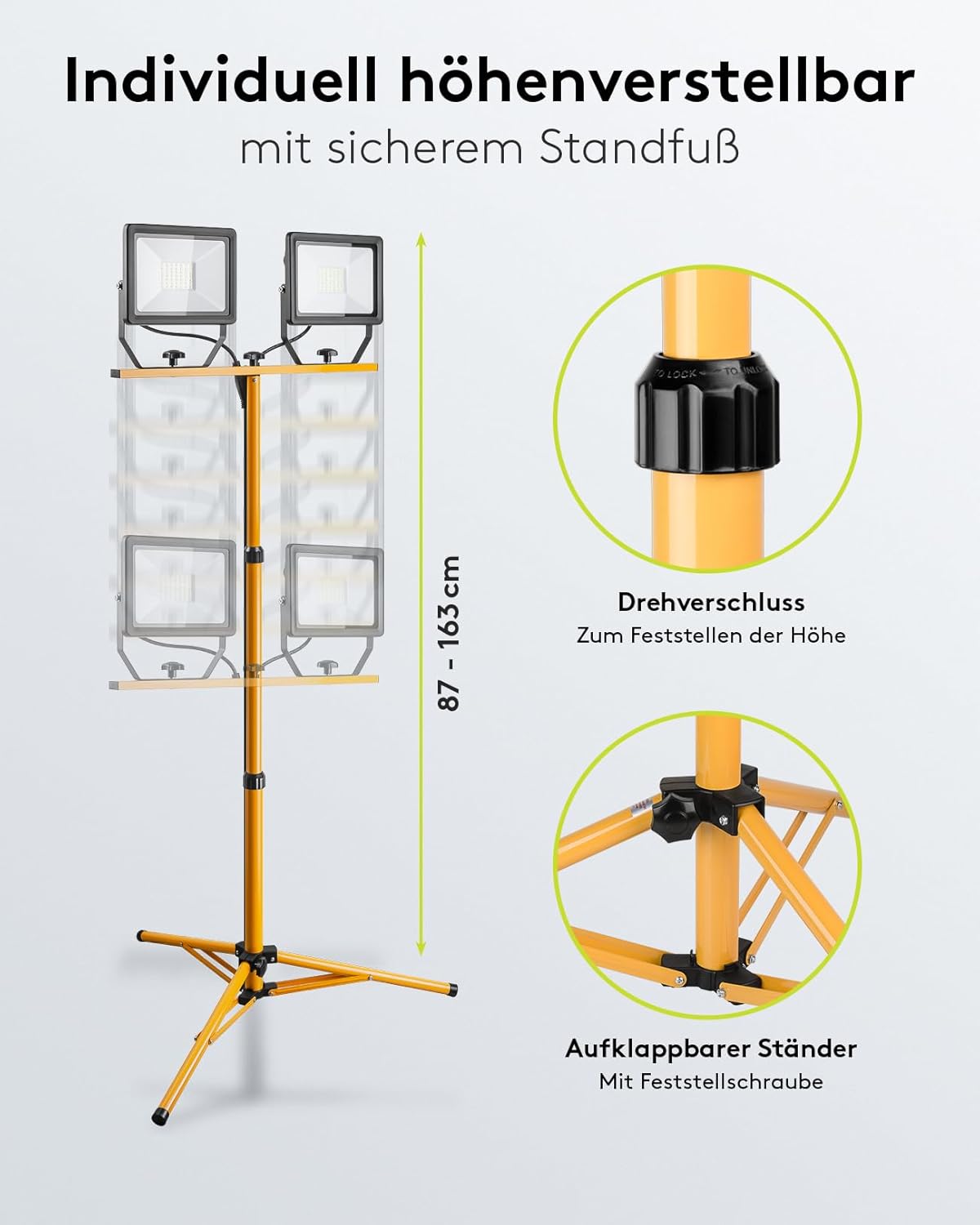 2 x 50W Baustrahler LED mit Stativ einstellbar und 2,5m Kabel für Baustelle, Werkstatt oder Keller - IP65 Baulampe LED für Innen- & Außenbereich - Strahler 2x8500 Lumen kaltweißes Licht 6500K [Energieklasse F]