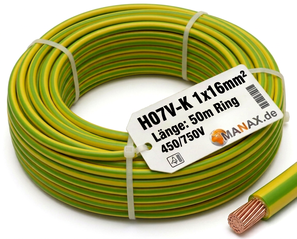 50m 16mm2 Erdungskabel H07V-K 1x16mm² Aderleitung flexibel Kupfer Litze Einzelader für PV Anlagen Solar Energieleitung Verdrahtungsleitung PVC Erdungsleitung feindrahtig grün-gelb