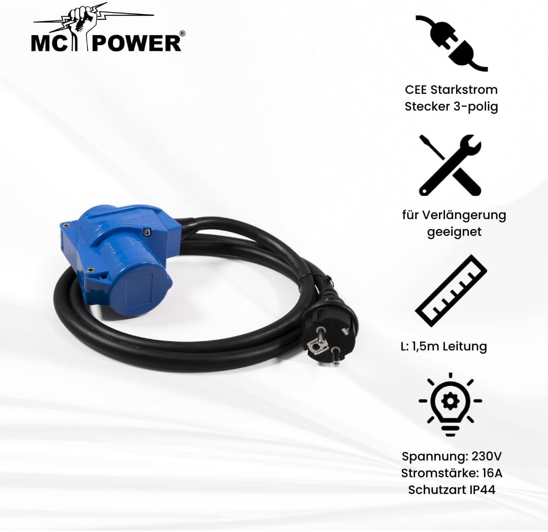 MC Power CEE-Adapter auf Schutzkontakt-Stecker | 1,5m H07RN-F 3G2,5 | 230V / 16A | IP44 | Stromkabel für Camping, Wohnwagen, Wohnmobil, Outdoor-Anwendungen