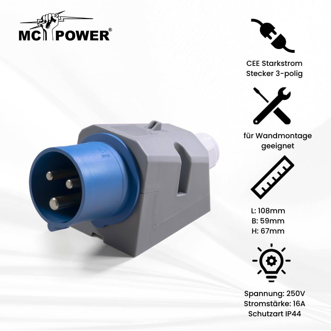 MC POWER CEE Stecker Wandmontage IP44 | 3 polig 250V, 16A Starkstromstecker | Ladestecker für Industrie Handwerk Landwirtschaft Campingplatz