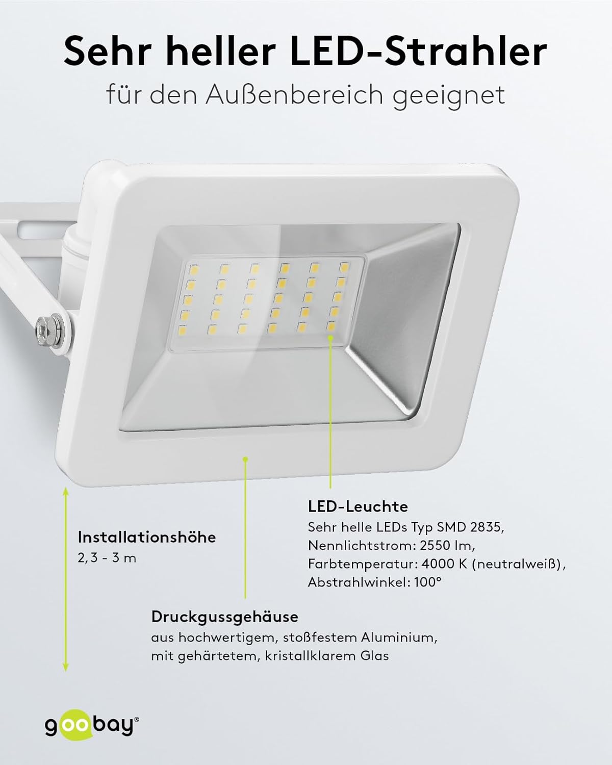 LED Strahler Außen 30W / Außenstrahler IP65 / Neutralweißes Licht 2550 lm/LED Scheinwerfer Fluter Wandmontage / IP65 Gartenstrahler / Weiß [Energieklasse F]