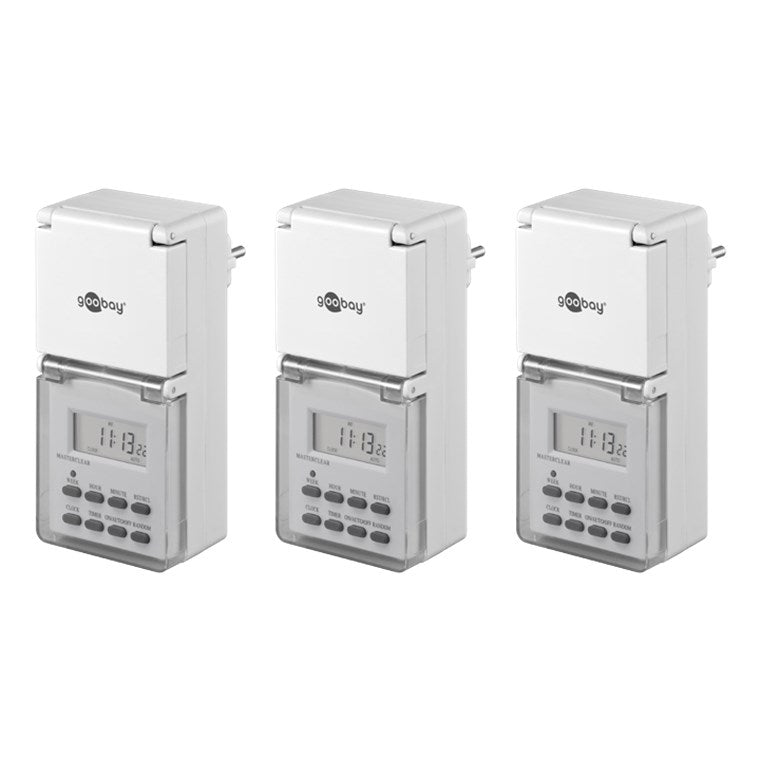 3er-Set Digitale Zeitschaltuhr / IP44 / Programmierbar / Indoor und Outdoor / LCD Display / Leicht zu bedienende / -10°C - 40°C / Dauerbetrieb möglich / Back Up Akku für 4 Tage / Weiß