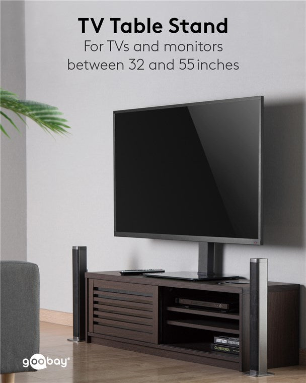 goobay TV Standfuß & Halter – für 32 bis 55 Zoll Flatscreen & Curved Fernseher & Monitore, 40kg Tragkraft, 35° Schwenkbar, 3 Stufig Höhenverstellbar Halterung, mit Kabelmanagement – Schwarz