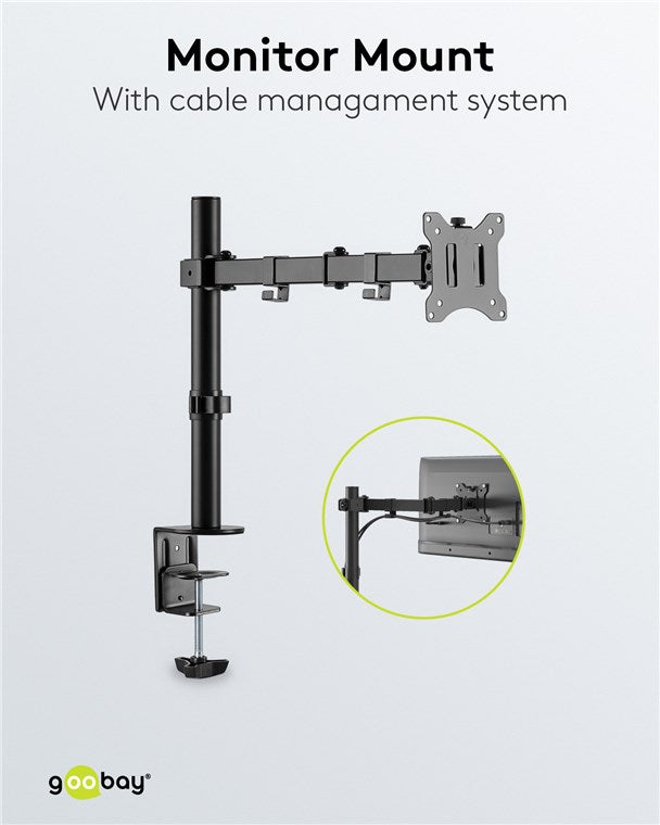 Goobay Monitorarm Single Flex – 17–32 Zoll Bildschirm – Tischhalterung VESA 75 und 100 mm – drehbar, schwenkbar und neigbar – höhenverstellbare Halterung – maximale Belastung 8 kg – Schwarz