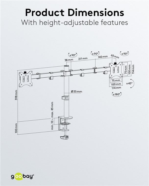 goobay Monitorarm Dual Flex – 17–32 Zoll Bildschirm – Tischhalterung VESA 75 und 100 mm – drehbar, schwenkbar und neigbar – höhenverstellbare Halterung – maximale Belastung 8 kg – Schwarz