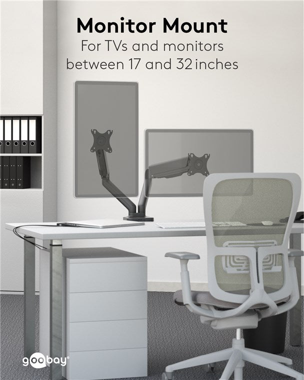 goobay Dual Monitorhalterung – mit Gasdruckfeder, für 17" bis 32" Bildschirme, Neig & Drehbar, Tischklemmmontage, 9kg Tragkraft, mit Kabelmanagement, VESA Kompatibel 75x75 & 100x100, Doppelarm