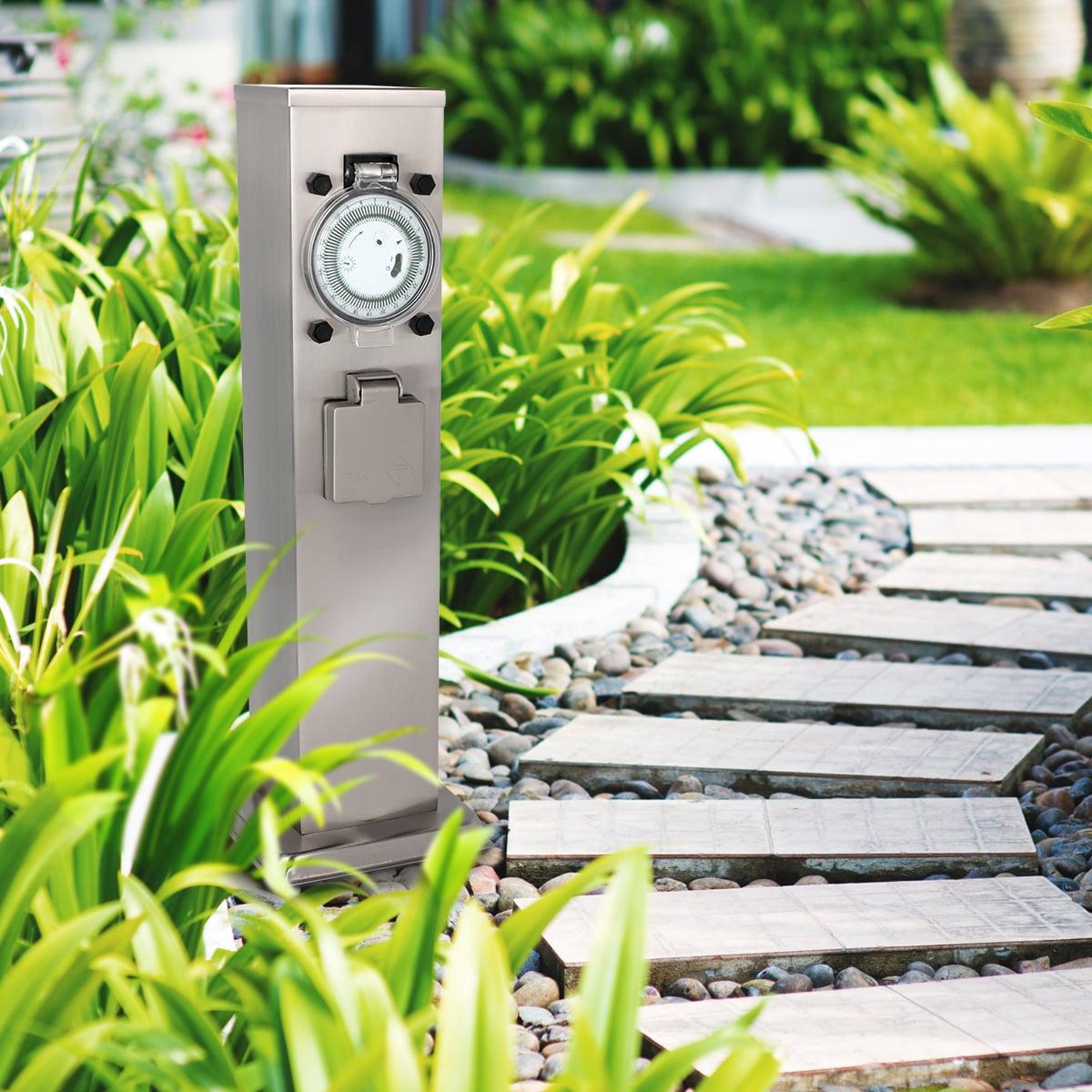 Garten Steckdosensäule für außen - Farbe: Edelstahl - Ausführung: 3 Steckdosen mit Zeitschaltuhr / Timer