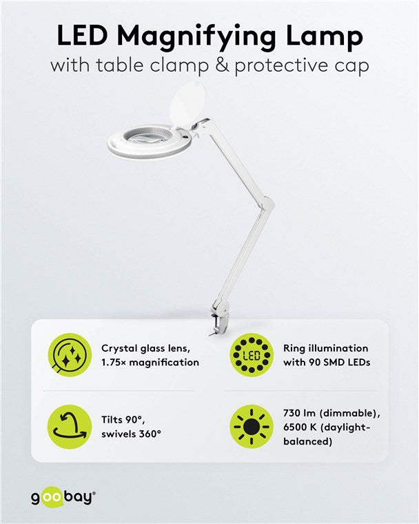 goobay LED Lupenleuchte mit Klemme / 9 W Leistungsaufnahme / 127 mm Kristall-Glaslinse / Farbtemperatur 6400 K / 1.75x Vergrößerung / Lichtstrom 83-730 Lumen / Weiß