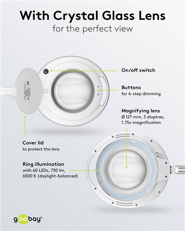 goobay LED Lupenleuchte mit Klemme / 9 W Leistungsaufnahme / 127 mm Kristall-Glaslinse / Farbtemperatur 6400 K / 1.75x Vergrößerung / Lichtstrom 83-730 Lumen / Weiß