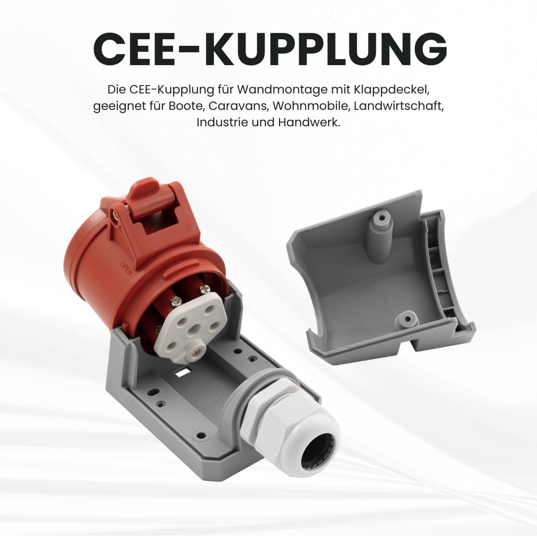 McPower CEE-Steckdose Wandmontage IP44 Kupplung | 415V, 16A Starkstrom Wandsteckdose | 5-polig für Wohnmobil Boot Aussenbereich Camping Caravan Industrie Handwerk