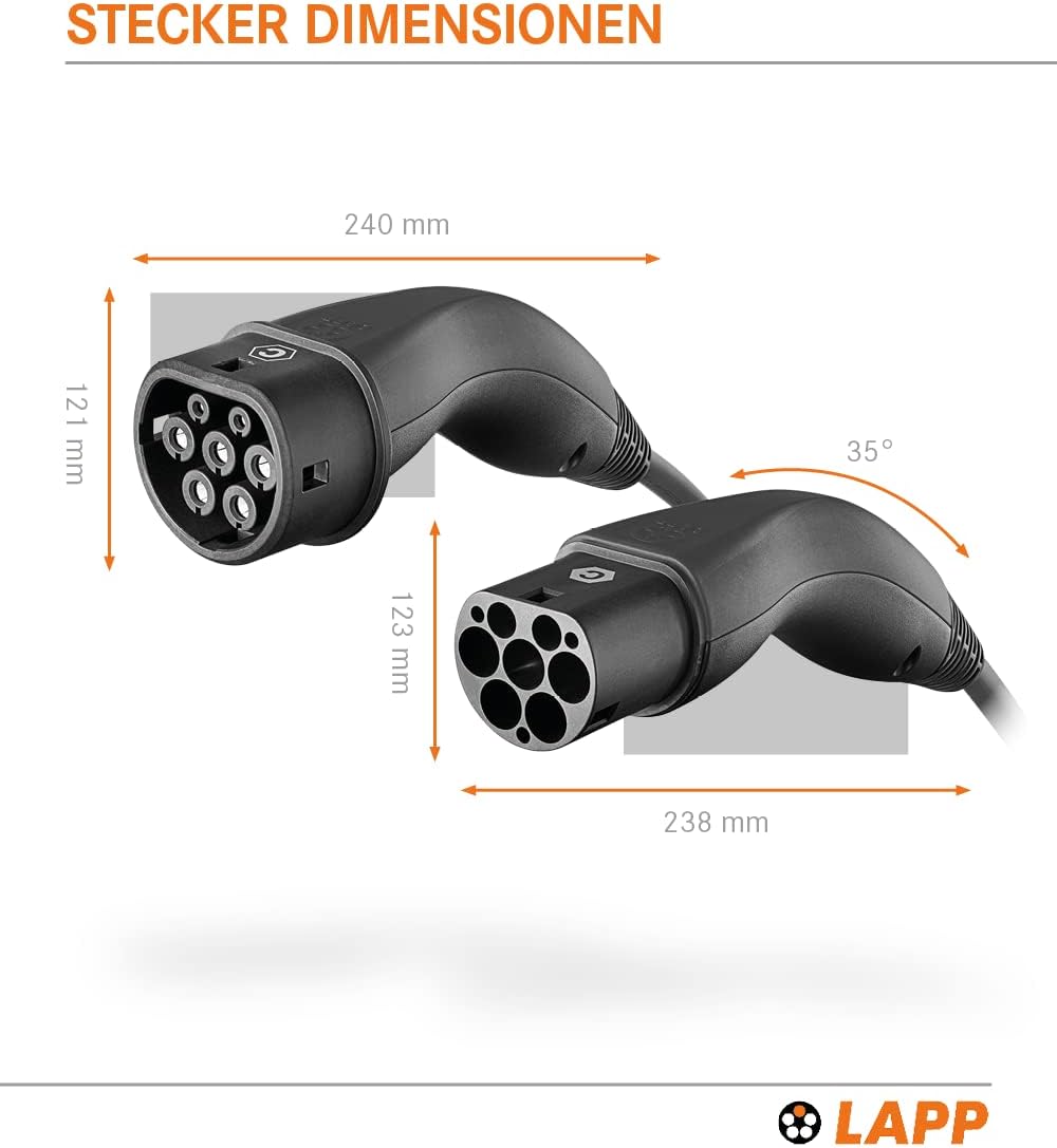 LAPP MOBILITY Typ 2 Ladekabel 22 KW 5m - Ladekabel E Auto 32a 3-Phasig - IP55 geschütztes Ladekabel Mode 3 - Ladekabel Typ 2 mit korrosionsresistenten Steckkontakten - geeignet für PHEV, BEV & EV