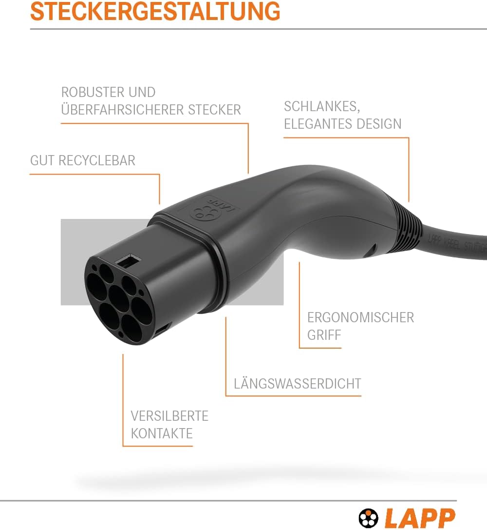 LAPP MOBILITY Typ 2 Ladekabel 22 KW 7m - Ladekabel E Auto 32a 3-Phasig - IP55 geschütztes Ladekabel Mode 3 - Ladekabel Typ 2 mit korrosionsresistenten Steckkontakten - geeignet für PHEV, BEV & EV