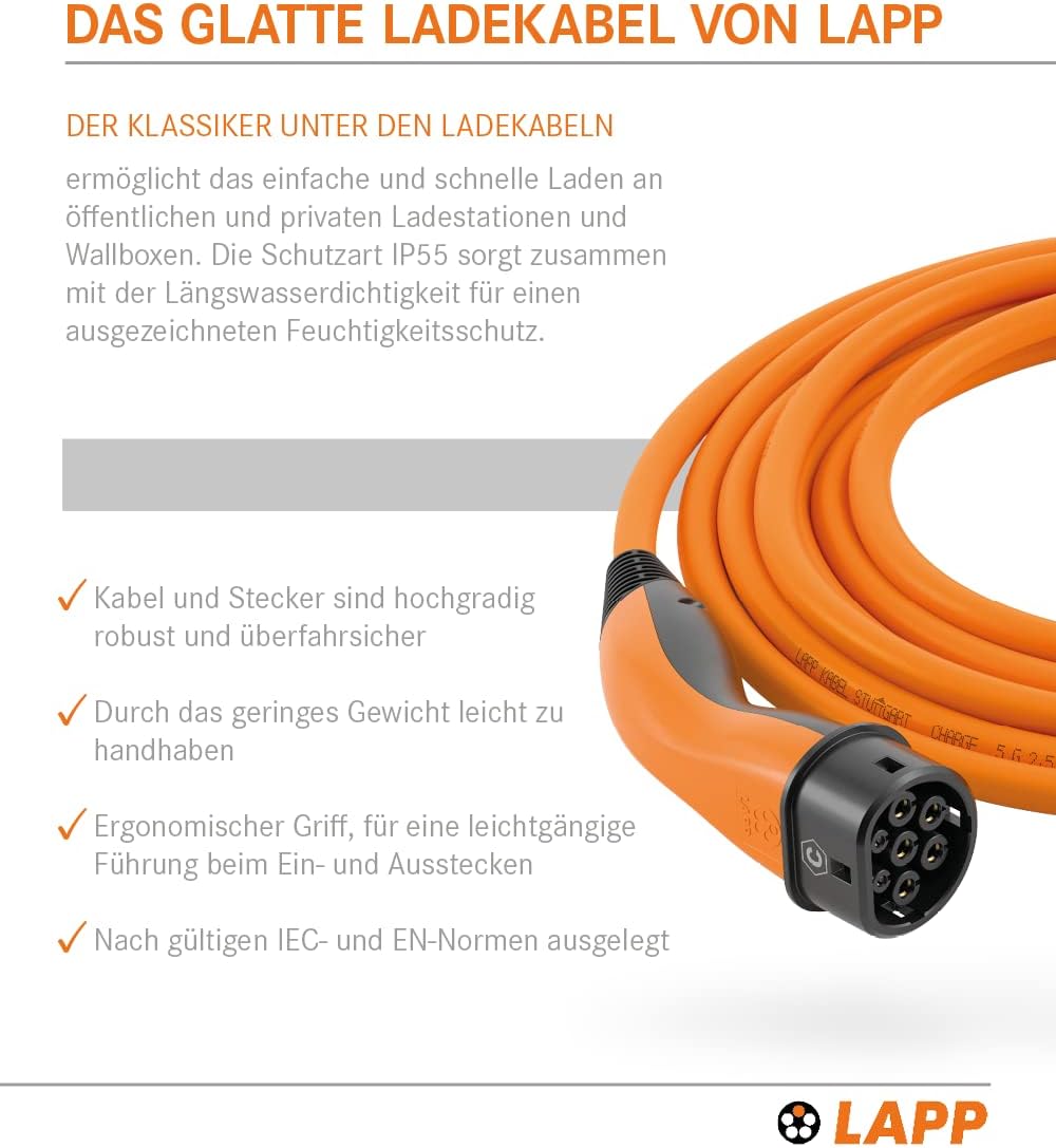 LAPP MOBILITY Typ 2 Ladekabel 11 KW 5m - 20A Ladekabel E Auto 3-Phasig - IP55 geschütztes Ladekabel Mode 3 - Ladekabel Typ 2 mit korrosionsresistenten Steckkontakten - geeignet für PHEV, BEV & EV
