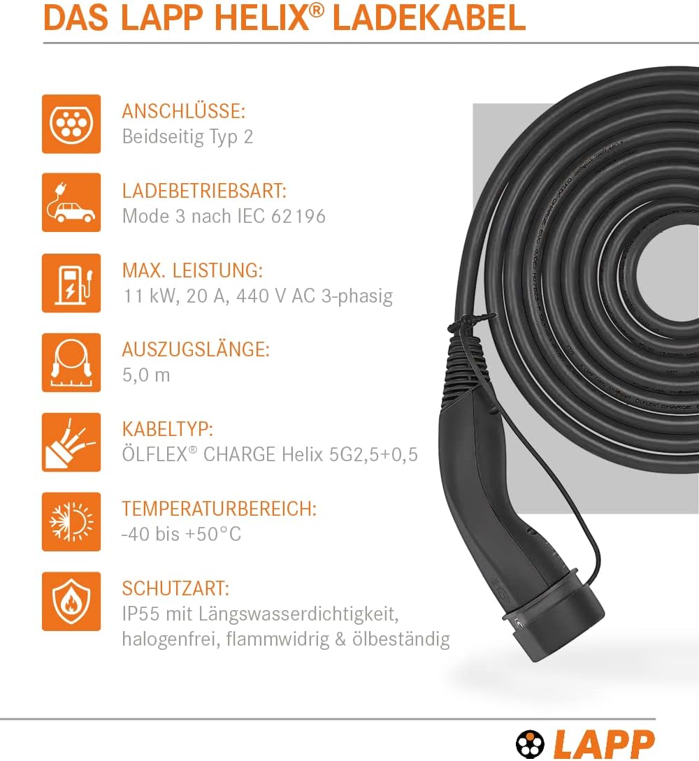 Lapp Mobility Helix Typ 2 Ladekabel 11 kW / 5m / Selbstaufrollend / 20 A / 3-Phasig / E-Auto Ladekabel / Mode 3 / Schwarz