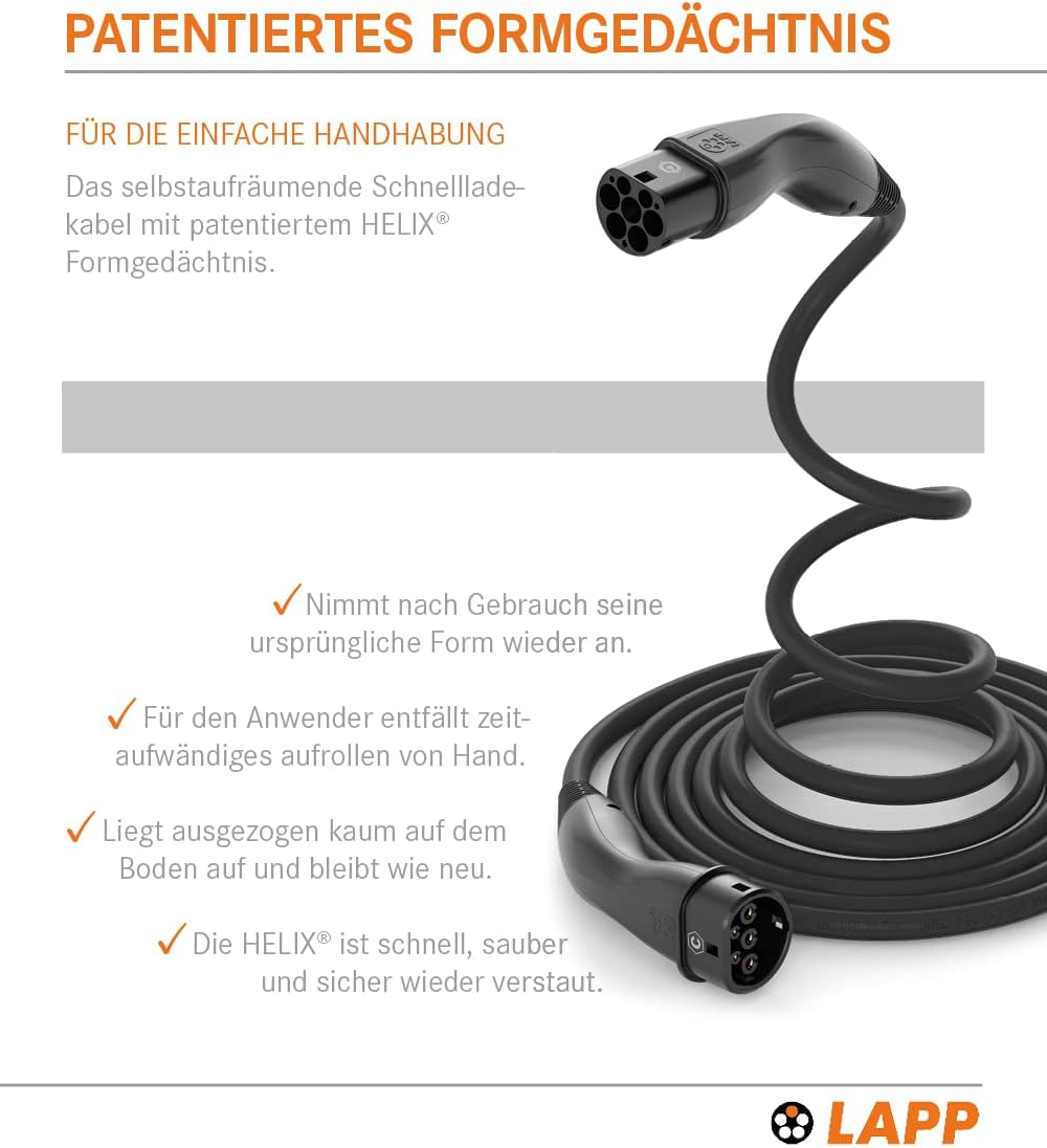 Lapp Mobility Helix Typ 2 Ladekabel 7,4 kW / 5m / Selbstaufrollend / 32 A / 1-Phasig / E-Auto Ladekabel / Mode 3