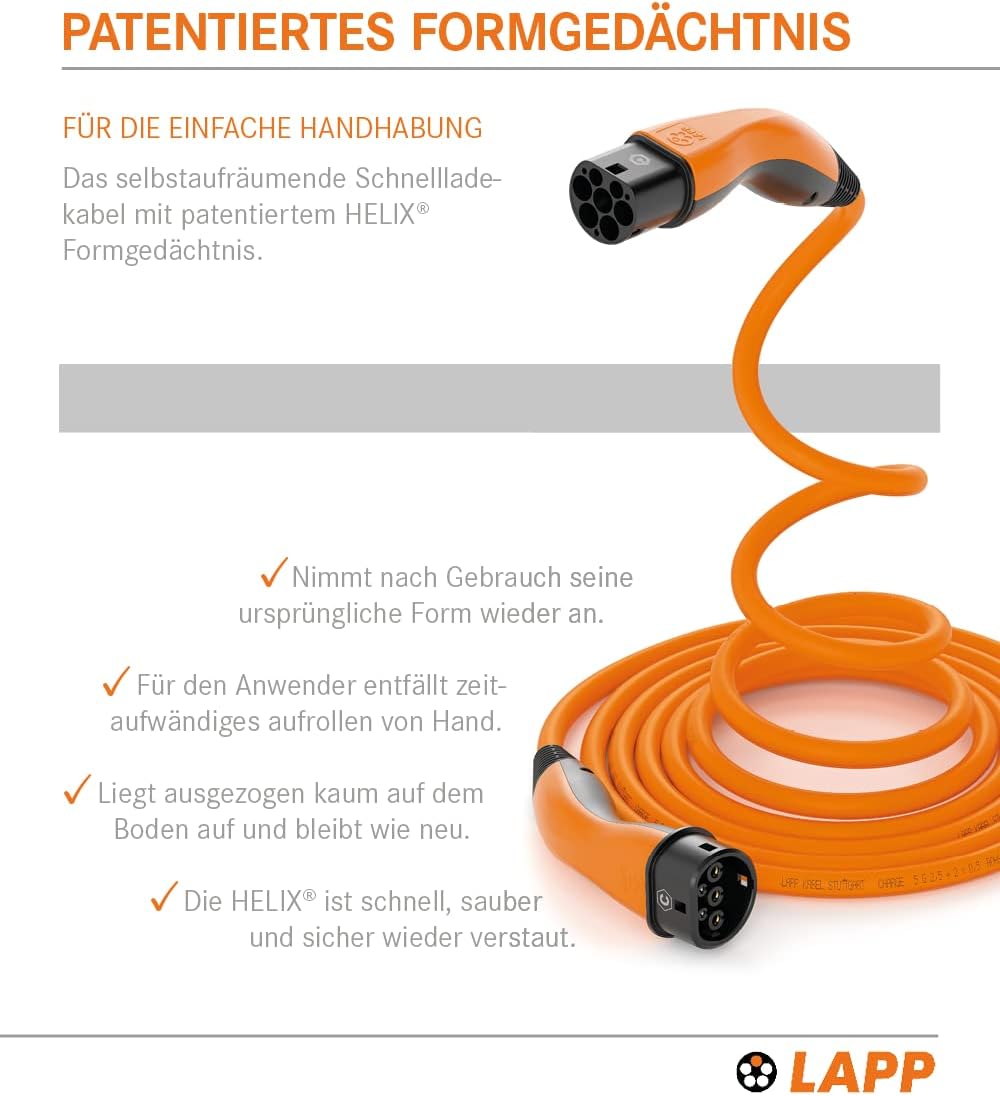 Lapp Mobility Helix Typ 2 Ladekabel 7,4 kW / 5m / Selbstaufrollend / 32 A / 1-Phasig / E-Auto Ladekabel / Mode 3 / Orange