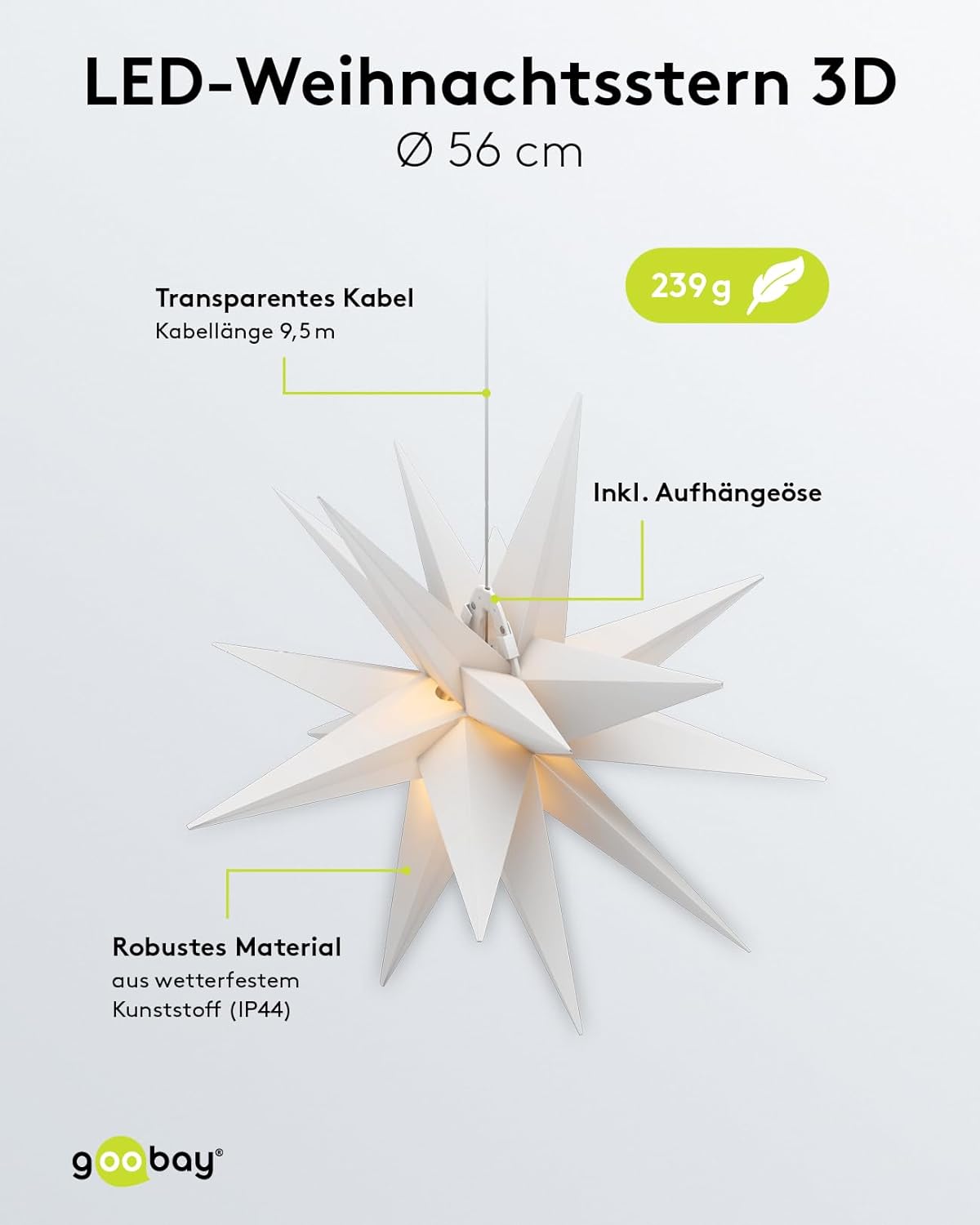 LED Weihnachtsstern 3D Ø 56 cm / Stern mit 18 Zacken und Timer / Weihnachtsdeko/LED Stern für stimmungsvolle Atmosphäre / 4,5-V-Außentrafo / Wanddeko / Leuchtstern / weiß