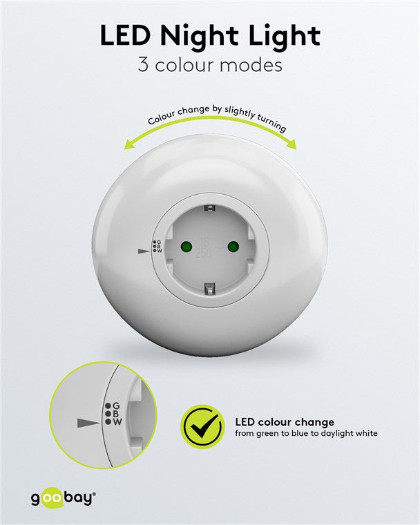 goobay LED Nachtlicht für die Steckdose/Schlummerlicht für Kinder/Steckdosenlicht/Dämmerungssensor und Schutzkontakt Steckdose / 3 Betriebs Modi (AN/AUS/AUTO) / Grün,Blau,Tageslichtweiß