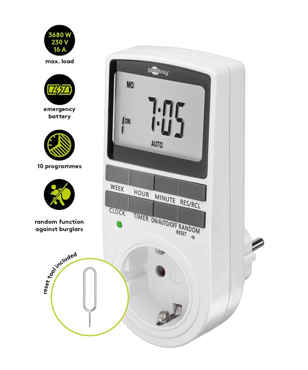 Zeitschaltuhr digital mit 16 Programmen - Zeitschaltuhr Steckdose mit Zufallsmodus zum Einbruchschutz - Timer Steckdose inkl. 100 Tage Back-up Akku - 3680W - 230V (AC) - 16A