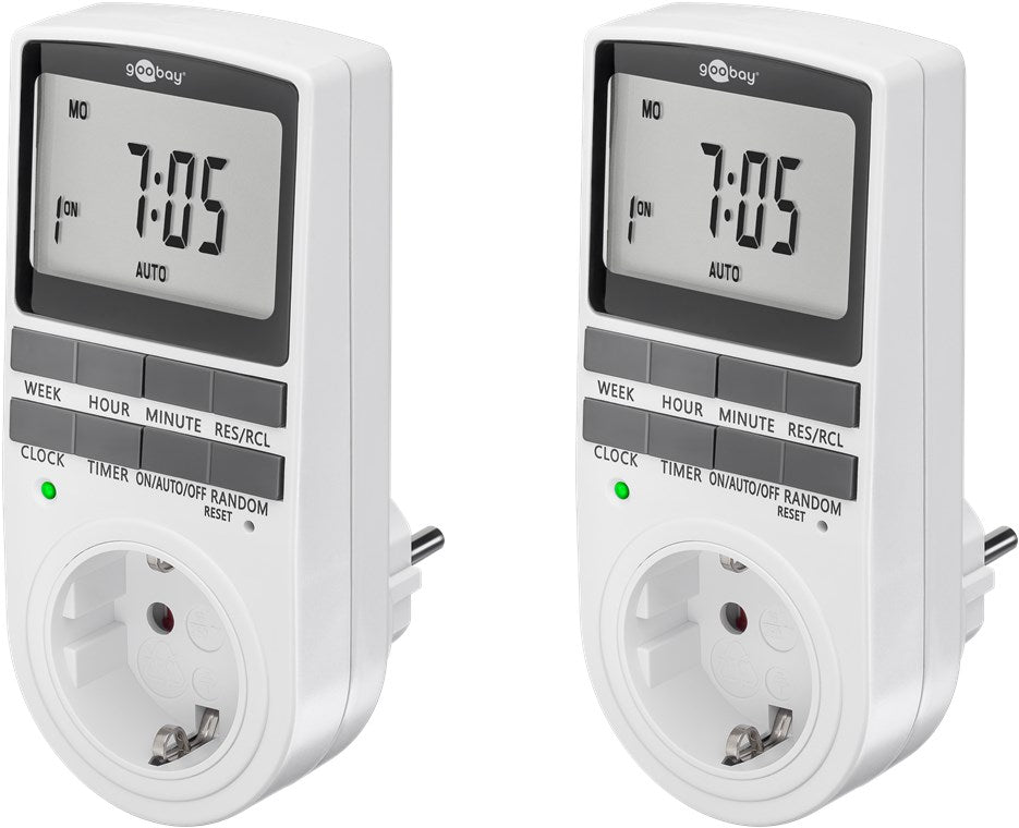 2er-Set Zeitschaltuhr digital mit 16 Programmen - Zeitschaltuhr Steckdose mit Zufallsmodus zum Einbruchschutz - Timer Steckdose inkl. 100 Tage Back-up Akku - 3680W - 230V (AC) - 16A