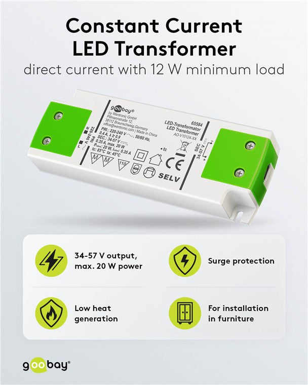 Goobay LED Trafo 350 mA / 20 W / LED Transformator für Konstantstrom / LED Treiber Konstantstromquelle / Transformator Innenbeleuchtung / Netzteil Licht