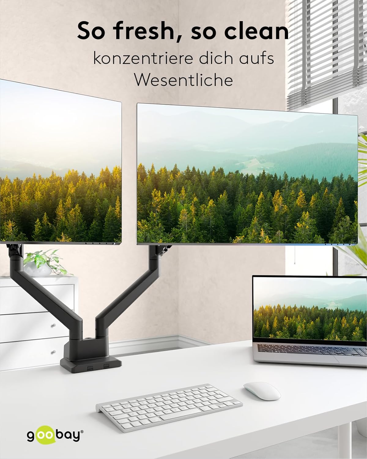 goobay Doppel Monitorhalterung mit Gasdruckfeder für Monitore von 17 bis 32 Zoll (43-81 cm), max. 9 kg, einfache Snap-in-Montage der Arme, VESA 75/100mm, schwarz