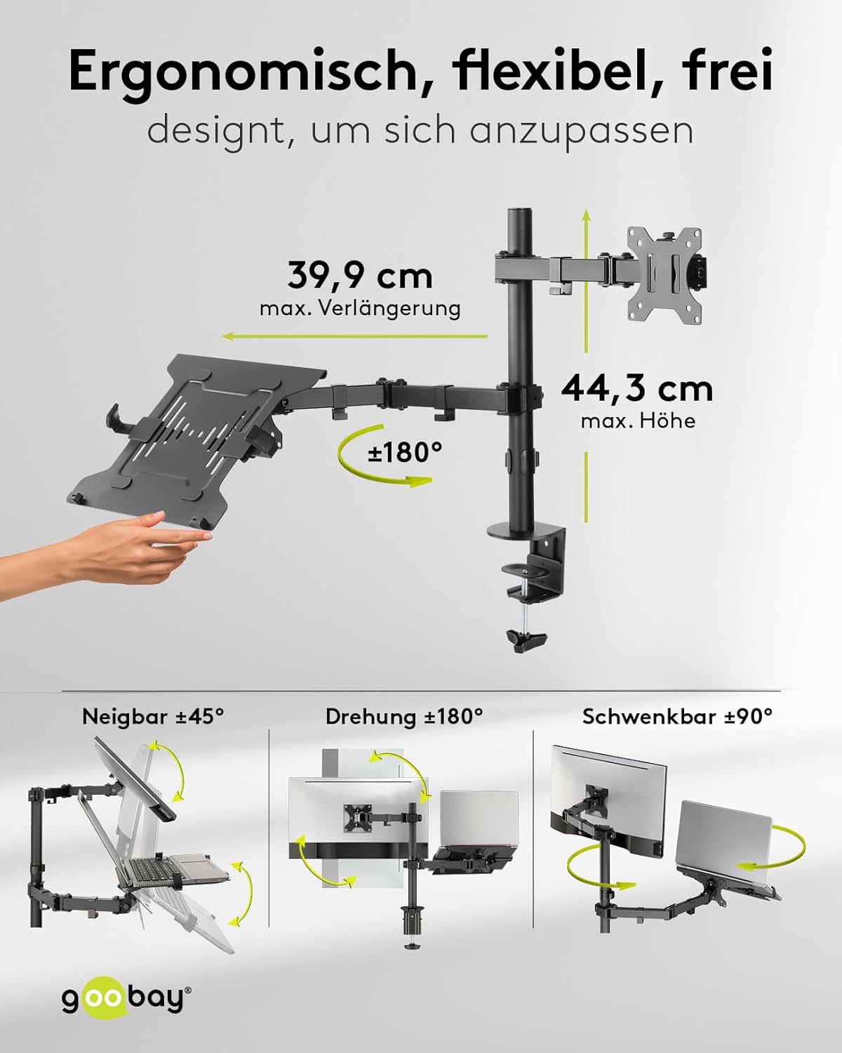 goobay Flexible Monitorhalterung mit Ablage für einen mobilen Laptop, Arbeitsstation für Monitore von 13 bis 32 Zoll (33-81 cm) Plus einen Laptop, max. 4,5 kg, VESA 75/100mm, schwarz