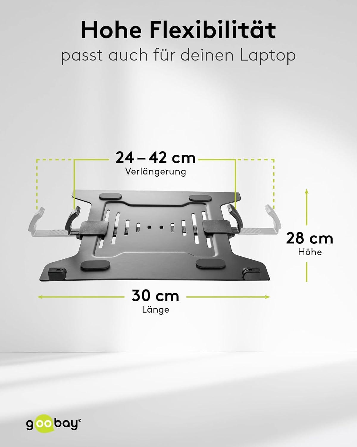 goobay Flexible Monitorhalterung mit Ablage für einen mobilen Laptop, Arbeitsstation für Monitore von 13 bis 32 Zoll (33-81 cm) Plus einen Laptop, max. 4,5 kg, VESA 75/100mm, schwarz