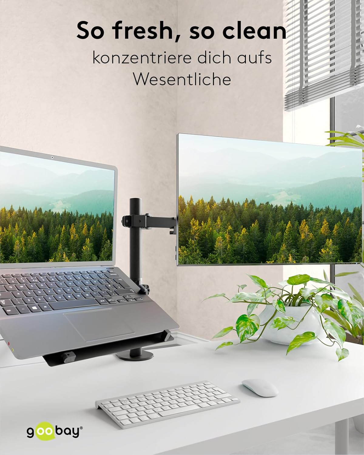 goobay Flexible Monitorhalterung mit Ablage für einen mobilen Laptop, Arbeitsstation für Monitore von 13 bis 32 Zoll (33-81 cm) Plus einen Laptop, max. 4,5 kg, VESA 75/100mm, schwarz