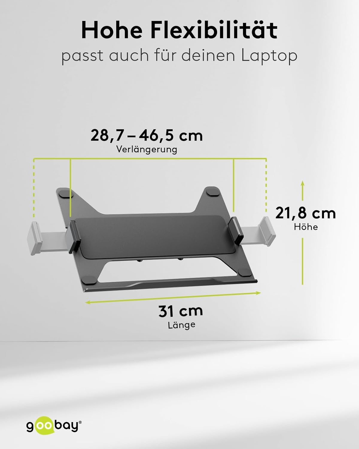 goobay Deluxe Laptophalterung für Monitore von 11,6 bis 17,3 Zoll (29-44 cm), max. 9 kg, zur Montage an eine Monitorhalterung, VESA 75/100mm, schwarz