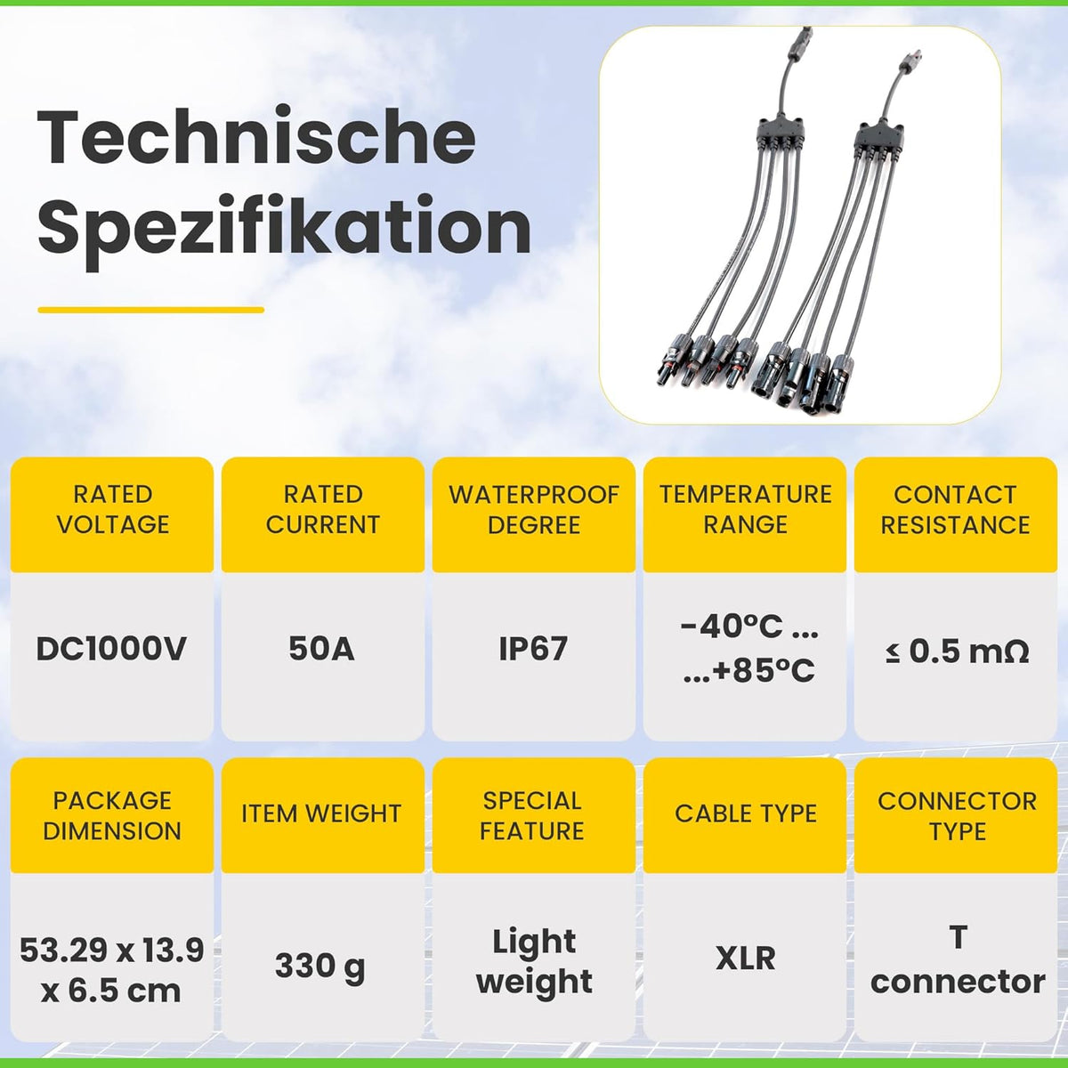 4-fach T-Verbinder-Set für Solarmodule mit 54 cm 6 mm² Kabelverlängerung, Snap-In Verriegelung, Easy-Click System, IP67 Schutzklasse, bis zu 1000V DC, für Outdoor-Solaranlagen (1 Paar)