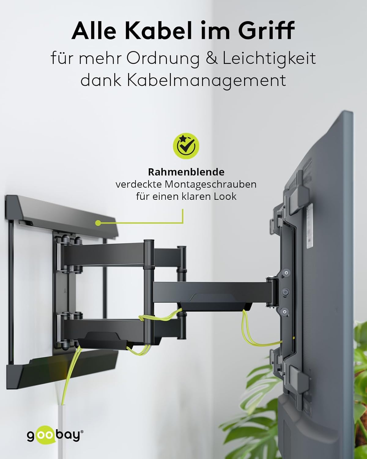goobay TV-Wandhalterung für Fernseher von 43 bis 90 Zoll (109 – 229 cm), TV Halterung, max. 60 kg, vollbeweglich (schwenkbar, neigbar, seitlich verschiebbar)