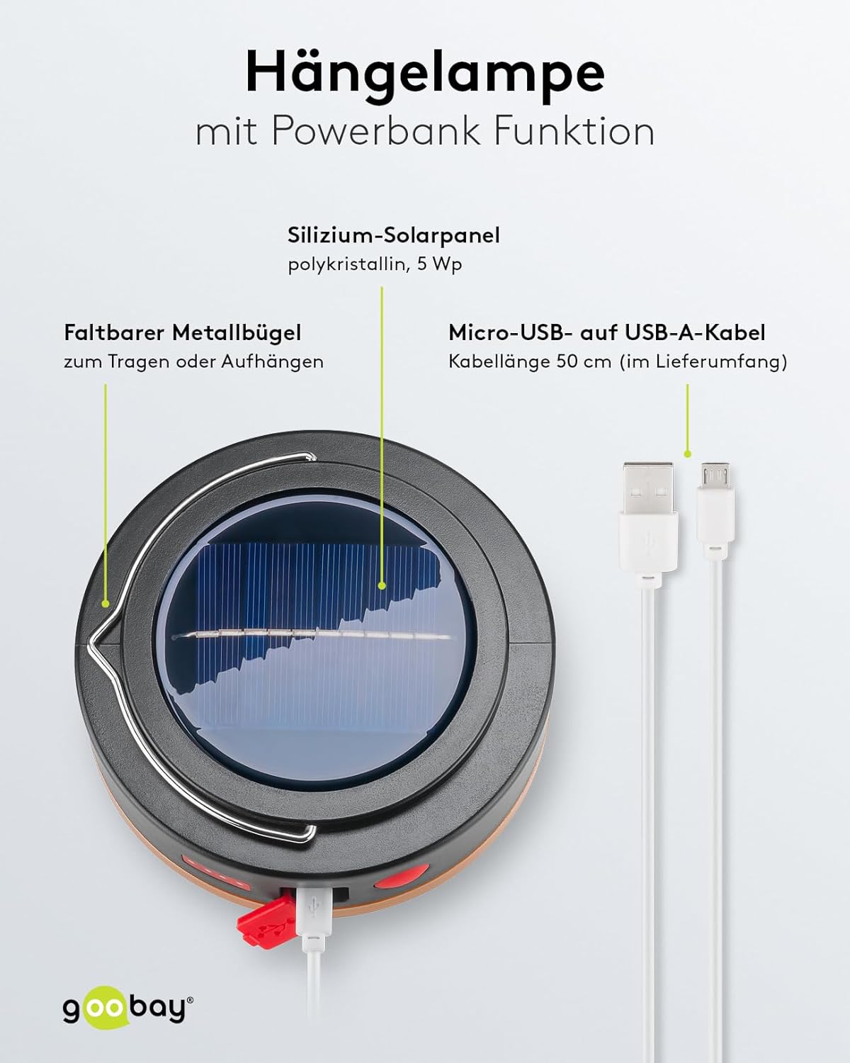 LED Solar Campinglampe mit IR Fernbedienung / Camping Beleuchtung / Outdoor Lampe / Hängelampe / 6 Leuchtmodi / 3,7 V, 2000 mAh / Powerbank Funktion / Aufladen von USB A Geräten