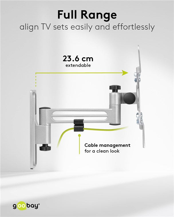 goobay Universal TV Wandhalter / schwenkbar, neigbar, ausziehbar bis 23,6cm / max. 15kg / 13-43 Zoll / bis VESA 200x200mm kompatibel / für Wohnmobile geeignet