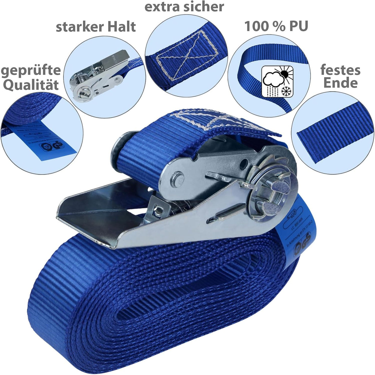 Spanngurt mit Ratsche Zurrgurt 4er Set Ratschengurt DIN EN 12195-2 blau, 25 mm breit - belastbar bis 800 kg, 4er Pack 2.5 cm x 6 m