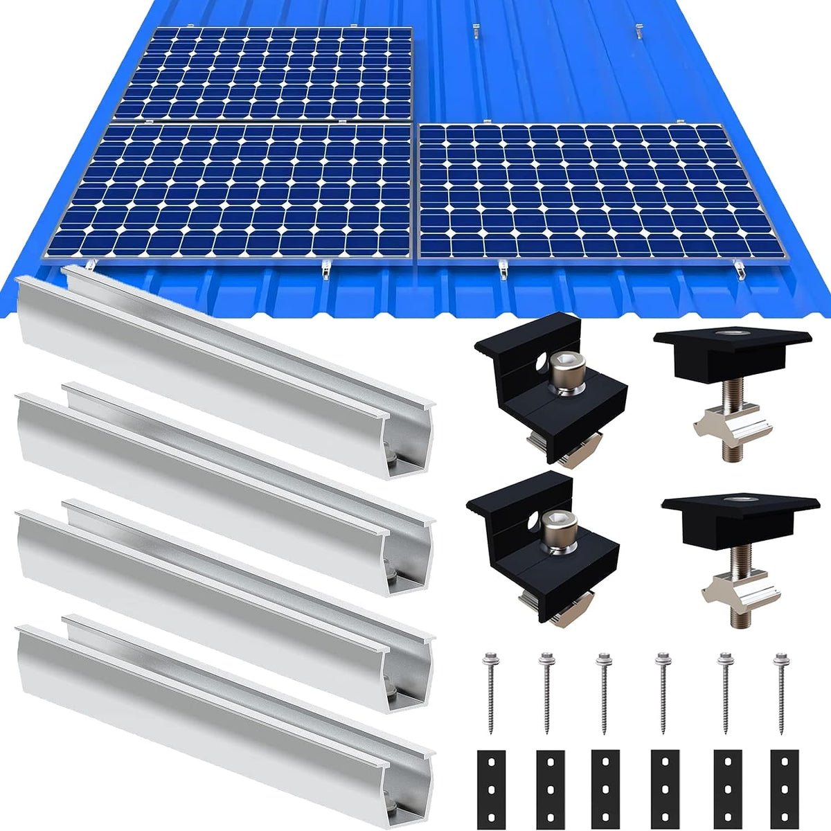 Solarmodul Halterung Flachdach, Alu Photovoltaik Montageschiene 12CM, Verstellbare Schwarz Klemme für 30-35MM Dicke Module, Solarpanel Halterung Montageset 4 Module Geeignet für Flachdach Trapezdach