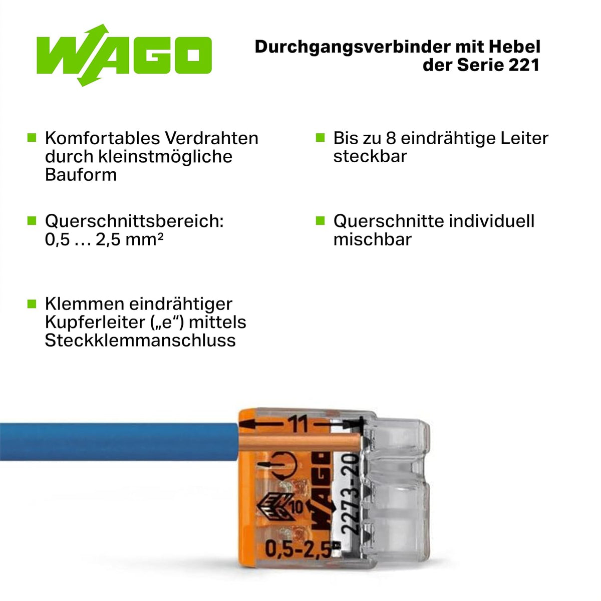 WAGO Verbindungsklemmen 2273-203 | 3 Leiter, bis 2,5 mm², 100 Stück, COMPACT Verbindungsklemme für eindrähtige Leiter, bestätigte Anwendungssicherheit, kleinstmögliche Bauform