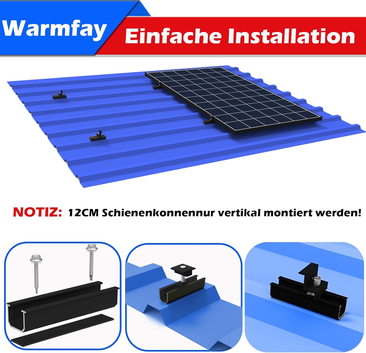 Solarmodul Halterung Montageset, Schwarzes 12CM Aluprofil und Verstellbare Klammern Befestigung für Solarmodul, Solarpanel Halterung 2 Modul 30-35MM für Flachdach Trapezblech Blechdach