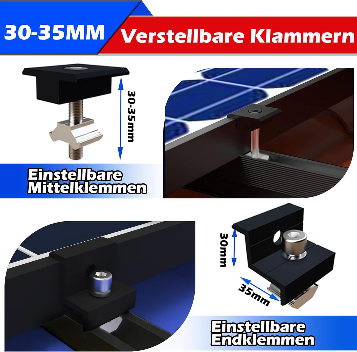 Solarmodul Halterung Montageset, Schwarzes 12CM Aluprofil und Verstellbare Klammern Befestigung für Solarmodul, Solarpanel Halterung 4 Modul 30-35MM für Flachdach Trapezblech Blechdach