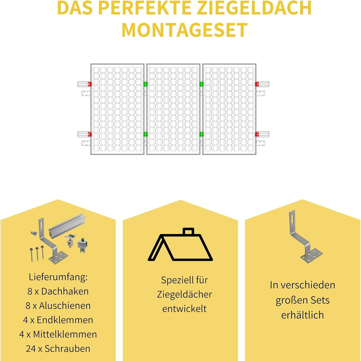 Solar Halterung Ziegeldach I Set für 3 PV Module 30-40mm I silber I Solarmodul Halterung Balkonkraftwerk I Solarmodulbefestigungsset für Ziegeldächer aus Edelstahl I PV-Halterung Montageset