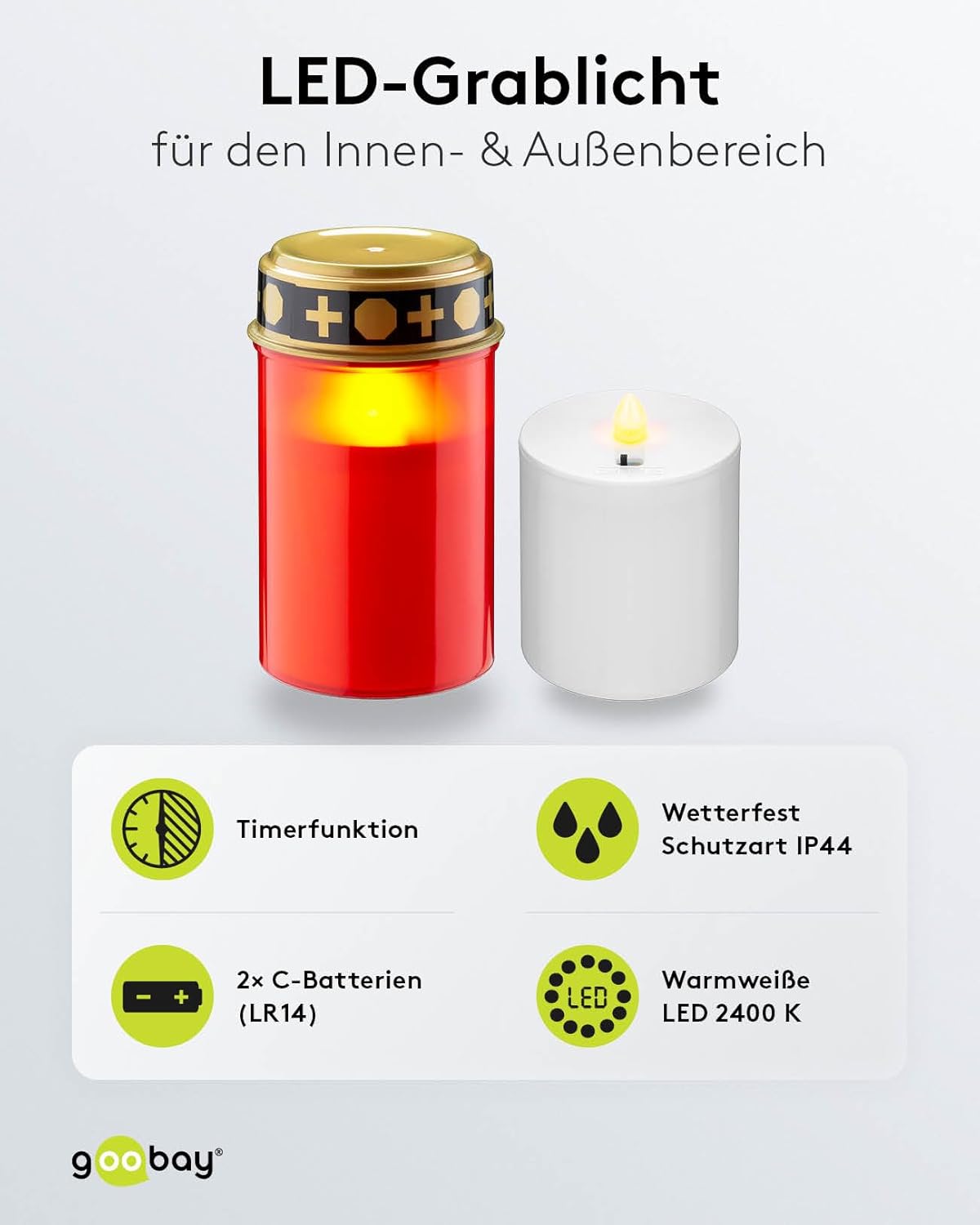LED Grablicht mit Timer/Batteriebetrieben / LED Grabkerzen Outdoor / Friedhof Kerzen / Grablichter / Ewiges Licht / Grablampe / Rot / Batterie 2x C/LR14