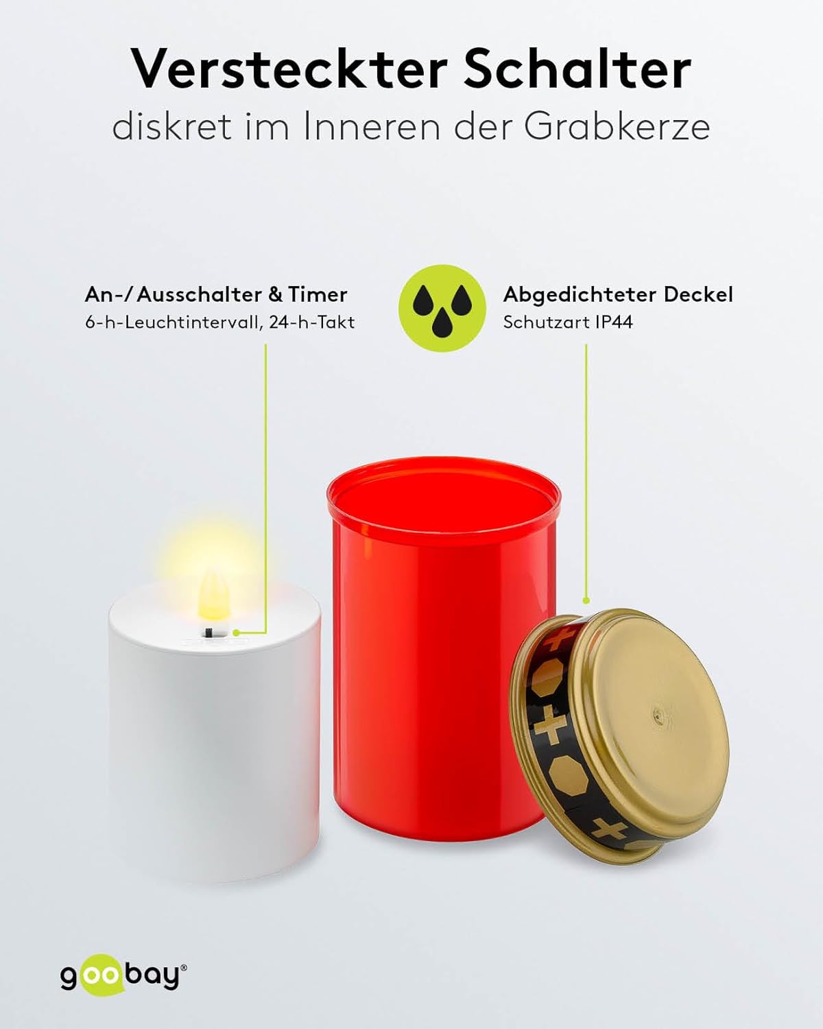 LED Grablicht mit Timer/Batteriebetrieben / LED Grabkerzen Outdoor / Friedhof Kerzen / Grablichter / Ewiges Licht / Grablampe / Rot / Batterie 2x C/LR14