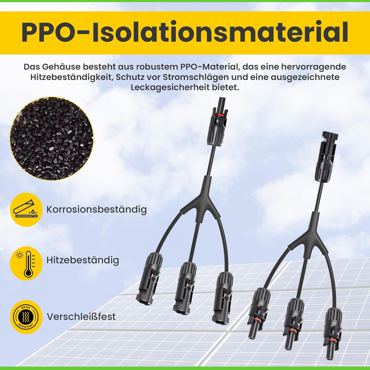 3-fach T-Verbinder-Set für Solarmodule mit 54 cm 6 mm² Kabelverlängerung, Snap-In Verriegelung, Easy-Click System, IP67 Schutzklasse, bis zu 1000V DC, für Outdoor-Solaranlagen (1 Paar)